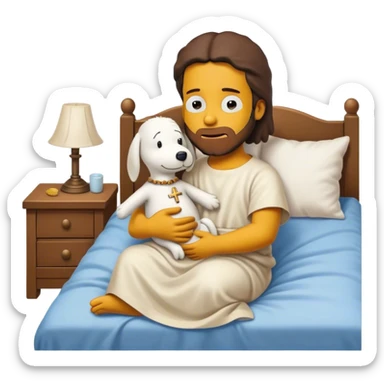 Bart Simpson dressed like a Jesus Christ and baby Snoopy on bed village cute hug  sticker