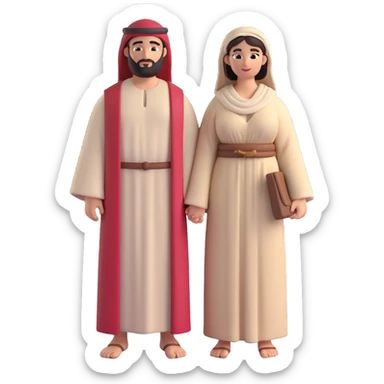 fullbody Jerusalem man and buxom woman together, 1st-century Middle Eastern attire, robes, no head coverings, no religious symbols sticker