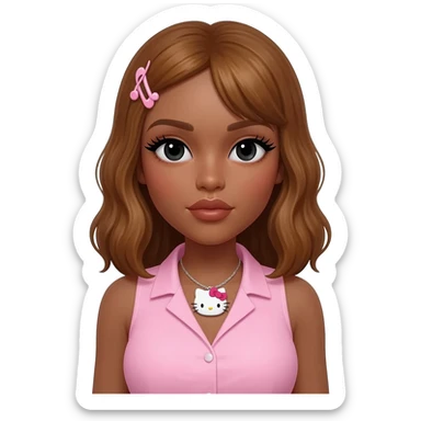 Long lashes, my melody hairclip, Doll faced shaped, hello kitty necklace, bimbo, black doll eyes, Big lips barbie, long dark brown skin with honey brown hair, light pink sleeveless shirt, big breast sticker