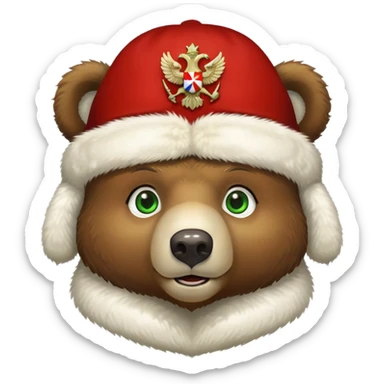 Cute Russian brown bear head with friendly expression and bright green eyes, wearing white furry ushanka hat with realistic double-headed eagle coat of arms centered sticker