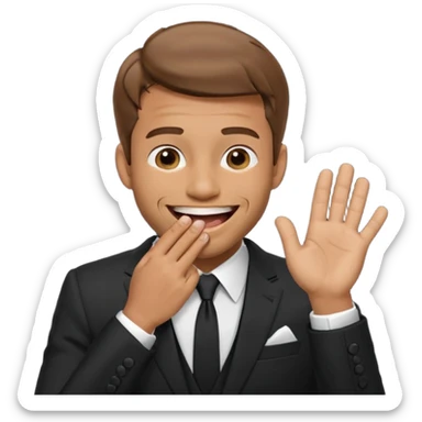 a man in a formal suit laughs, covers his mouth with his hand sticker