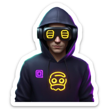 Russian man wearing a black hoodie with "OMG" letters on it and VR headset in a cyberpunk VR environment with violet neon lighting. sticker