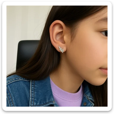 Edit the emoji to depict a 12-13 year old girl. Match the skin and hair color to the reference image provided. Add earrings similar to those in the photo. Dress her in youthful and trendy clothes that are appropriate for her age, avoiding anything too childish. sticker