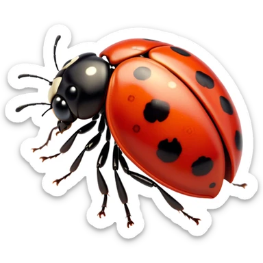 Cinematic Cute Ladybug Portrait Emoji, Head tilted playfully and inquisitively, featuring a diminutive, adorable form with a glossy red shell dotted with playful black spots and round, sparkling eyes full of gentle mischief, Simplified yet irresistibly adorable features, highly detailed, glowing with a warm, inviting glow, high shine, affectionate and lively, stylized with a touch of whimsical garden charm, soft glowing outline, capturing the essence of a mischievous ladybug that seems as if it could flutter out of the screen into your arms! sticker