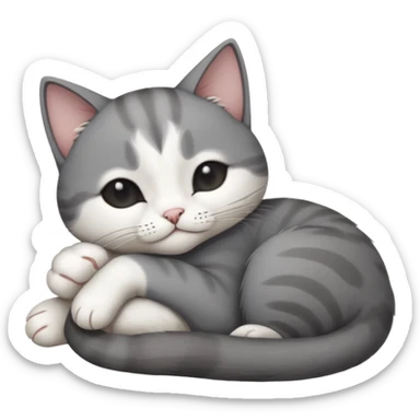 dark grey and white small cat with its eyes closed lying down leaning on its elbow with its paw curled under its head holding it up sticker