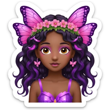 Black girl fairy with long wavy black hair, pink and purplered butterfly wings sparkly sticker