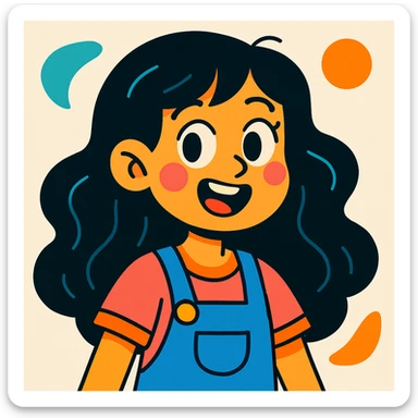 chica de cabello largo ondulado negro, estilo cartoon colorido, fondo claro sticker