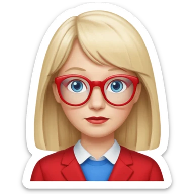45 yr old white woman, pale skin, long straight blond hair parted in center, blue eyes, bangs, clothes for school, big red glasses, oval face sticker