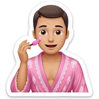 male getting sissified in lingerie by his smug wife. the wife is crying with laughter. she is doing the males makeup sticker