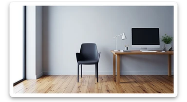 Editorial shot, Make this chair next to desk with mac setup, wooden modern floor, minimalistic room, contrast chair to wall, chair standing front to camera, soft bright light in room sticker