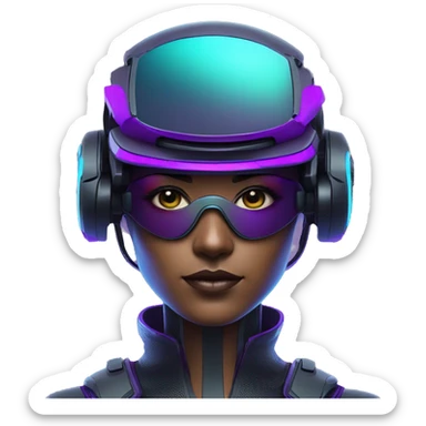 Secret human agent in a futuristic hat with in Apple VR google headset , cyberpunk, cyan and purple colors, only upper body portrait, front facing the camera  sticker