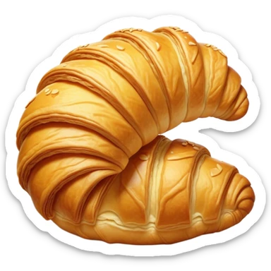 Cinematic golden croissant, perfectly flaky with crisp layers, slightly cracked to reveal buttery soft interior, warm golden glow, highly detailed and inviting. sticker