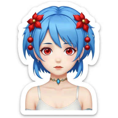 blue haired anime girl with red eyes, two dangly thangs on her head and a white bodysuit sticker