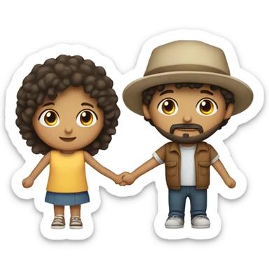 a Hispanic girl with curly hair and an Hispanic boy with a beard and a cap facing backwards, both holding hands sticker