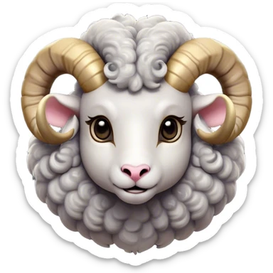 Cinematic Cute Ram Portrait Emoji, Head tilted playfully and inquisitively, featuring a dense, woolly grey fur with charming curled horns, round, sparkling dark eyes filled with curiosity, Simplified yet irresistibly adorable features, highly detailed, glowing with a warm, friendly glow, high shine, affectionate and spirited, stylized with a touch of rugged whimsy, bright and endearing, soft glowing outline, capturing the essence of a mischievous yet loving ram, so playful it feels like it could butt its way out of the screen and into your arms! sticker