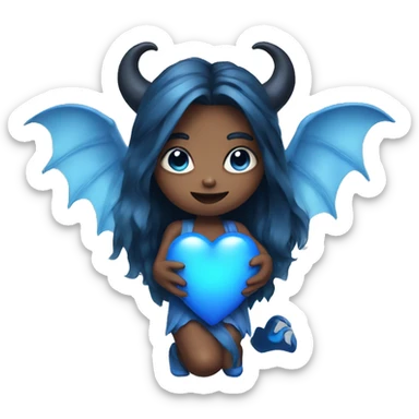 Demon girl with blue horns and wings holding a blue heart  sticker