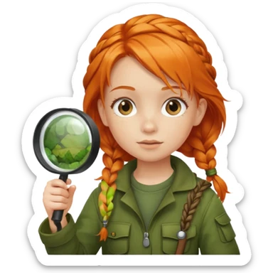braid orange haired girl kid in moss green explorer outfit, holding magnifying glass sticker