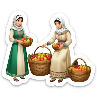 A nostalgic and culturally rich scene of Palestinian women dressed in traditional embroidered thobes harvesting fruit in an orchard. Their vibrant and intricately designed dresses reflect deep heritage, while their coordinated efforts collecting fruit in a woven basket sticker
