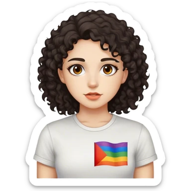garota de pele branca, de cabelo cacheado escuro, olhos castanho escuro, blusa com uma bandeira lesbica estampada sticker