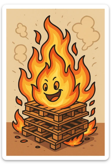 cartoon bonfire with stacked pallets, exaggerated flames, cheerful, thick lines, vibrant colors sticker