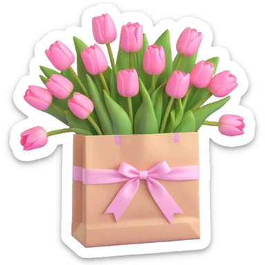 a bunch of light pink tulips arranged in a white paper bag with a soft pink ribbon, pastel tones, gentle shadows, minimal look, 3D iOS emoji style sticker