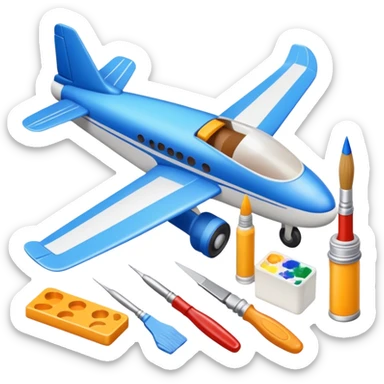 photorealistic icon featuring model-building tools like glue, paint, paintbrushes, pieces of a plastic model airplane in the process of being assembled. The design includes detailed textures of the model pieces and tools, capturing the focus and creativity of model building. Transparent background. sticker