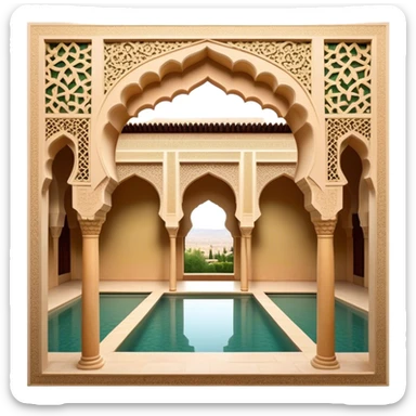 Alhambra – Cinematic Realistic Alhambra, depicted as a majestic Moorish palace with intricately carved arches, lush courtyards, and detailed tile work, bathed in soft golden light and dynamic shadows that highlight its opulent historical beauty. sticker