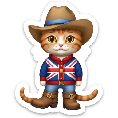 cat wearing union jack sweater and big cowboy hat and cowboy boots sticker