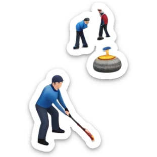 An icon showing a curling match on an indoor ice stadium, with a polished curling stone gliding toward the target and players sweeping. Spectators watch from stands, and flags hang above the rink. Transparent background highlights strategy and focus in the sport of curling. sticker