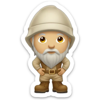side view of gnome with light tan pants and light tan boots squatting in front of small dirt pile sticker