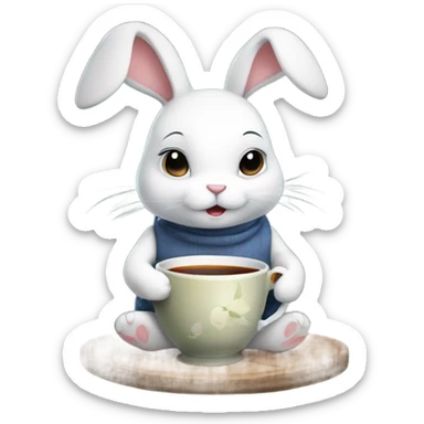 a cute white rabbit sitting and holding a ceramic cup with black tea in its paws, from which steam comes out sticker