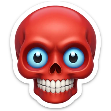 “A bright red cartoon skull with a smooth shiny surface, large round blue eyes with white outlines, a wide exaggerated smile showing big detailed teeth, simple black nose cavity, clean symmetrical face shape, centered on a plain light background, HD, sharp, vibrant, no distortion.” sticker