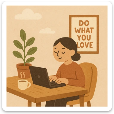 a home office setup with a single person, coffee cup, and motivational poster, representing solopreneurship, cozy minimal style sticker