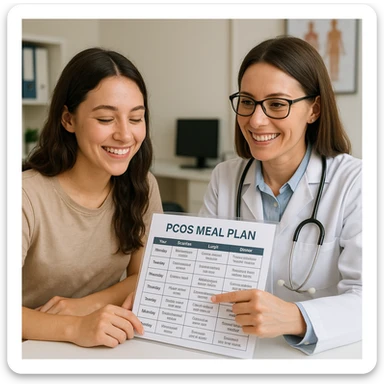 young woman consulting a nutritionist, both smiling, nutritionist showing a specific PCOS meal plan, supportive atmosphere, realistic details, medical office background sticker