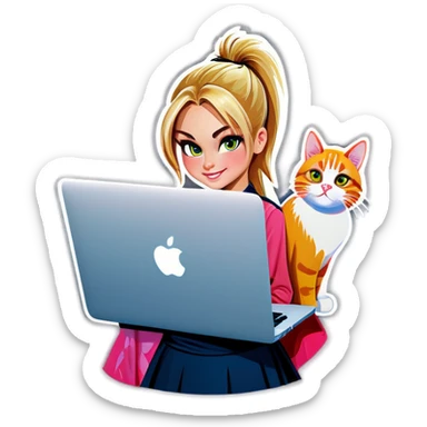 Blonde girl ponytail macBook and a cat sticker