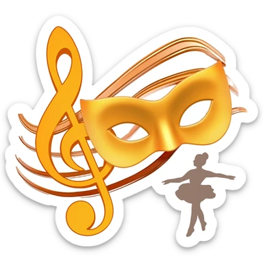 Create a bright and artistic emoji that represents musical theater. The design should include musical elements, a theater mask, and some dance, which could be a dancer. sticker