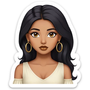 indian girl, brown skin, long black voluminous hair, brown underneath colored hair, baddie,pretty, makeup, lipliner, black eyeliner, gold hoop earrings, white top sticker