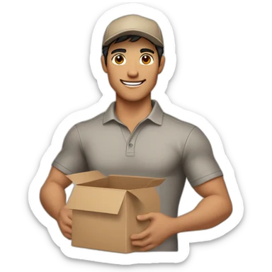Tan skinned fit Man with black hair in a brown cap, gray jeans and beige polo T-shirt keeping a pasted box into his hands sticker