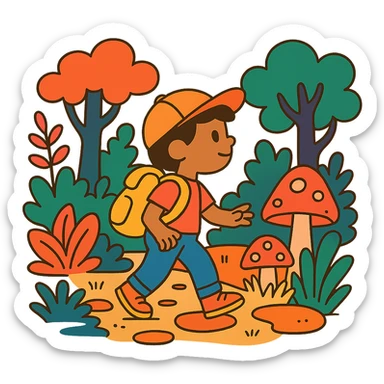 child with backpack exploring an enchanted forest sticker