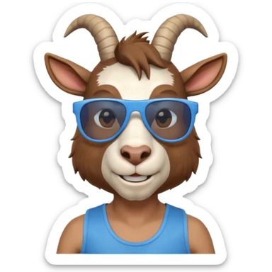3D cartoon goat man portrait, head and shoulders, brown fur, small horns, blue reflective sunglasses, slight smile, tank top, soft lighting, centered, clean background, no text, no watermark
 sticker