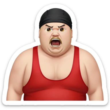 Extreme close-up of face of morbidly obese white skin guy with young face, prominent BLACK DURAG tied clearly on head, black beard but no mustache, clean shaven upper lip, black eyes in a red and black wrestling singlet with mouth wide open screaming angrily sticker