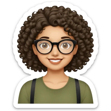 Young Latina with light brown skin. Cheerful round face. Brown eyes behind black glasses. Thick natural eyebrows. Curly hair reaching shoulders, voluminous with defined curls. Big smile showing dimples. Wearing olive green shirt with wide straps. sticker