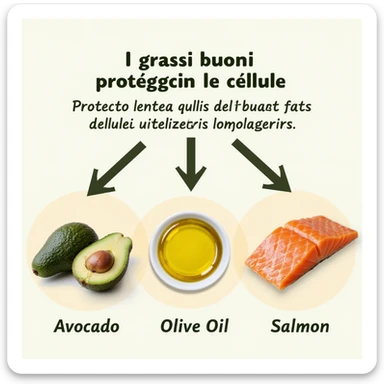 realistic infographic showing cell membranes protected by healthy fats (avocado, olive oil, salmon), arrows showing protective action, educational style, Italian caption 'I grassi buoni proteggono le cellule', colorful background sticker