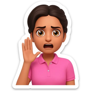 Indian woman in a professional hair bun, wearing pink polo tshirt, in an emergency, showing a panic face as if she is unsafe and calling for help sticker