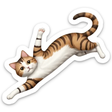 brown tabby and white cat with doing a big extremely long stretch reaching up into the air with arms and legs side by side together straight and overextended whilst lying on its side sticker