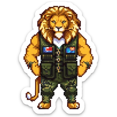 muscular lion wearing a military vest sticker