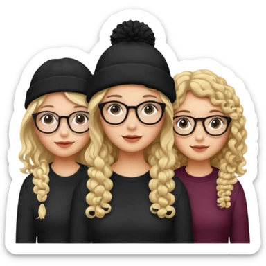 3 girl friends, one with glasses and blonde hair, one with curly dark hair and one with a black beanie sticker