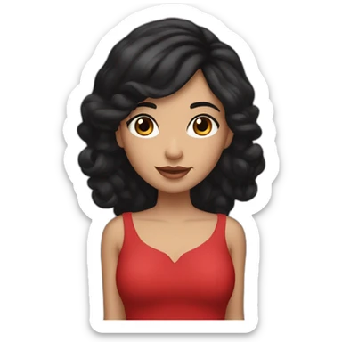 A girl with black hair and brown eyes, with long eyelashes, a loose red dress and red and black pants with star earrings. sticker