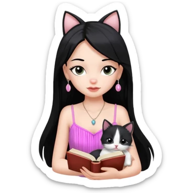 Menina branca ,cabelos cor preta longos, olhos cor preta puxados para cima. Cílios longos, lábios grossos ,nariz pequeno ,vestido rosa claro de alça. Colar e brinco bem pequeno. Lendo um livro com gatinho preto e branco. sticker