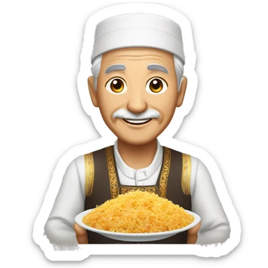 smiling uzbek old man with national outfit chapon serving pilaf sticker